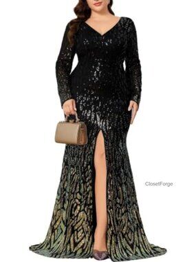Plus Size Sequin Maxi Dress Long Sleeve V-Neck Formal Cocktail Evening